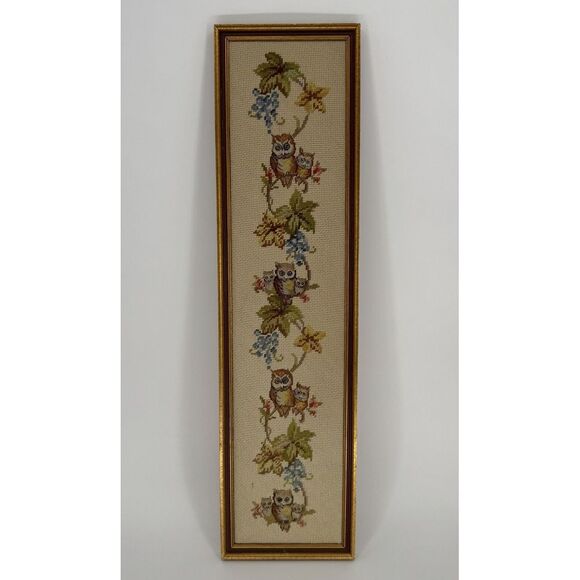 Owl Needlepoint Embroidery Framed Vintage Cottage Woodland‎ 31" x 8" Gold Decor - Picture 1 of 6